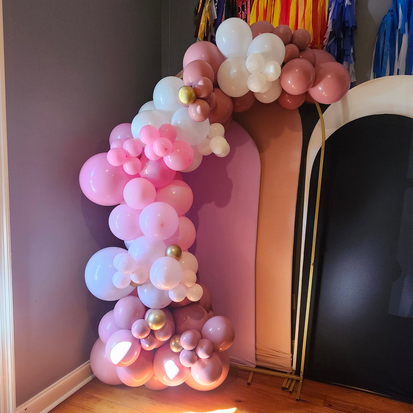 Pink and Muave small pops of gold 8ft Half Arch