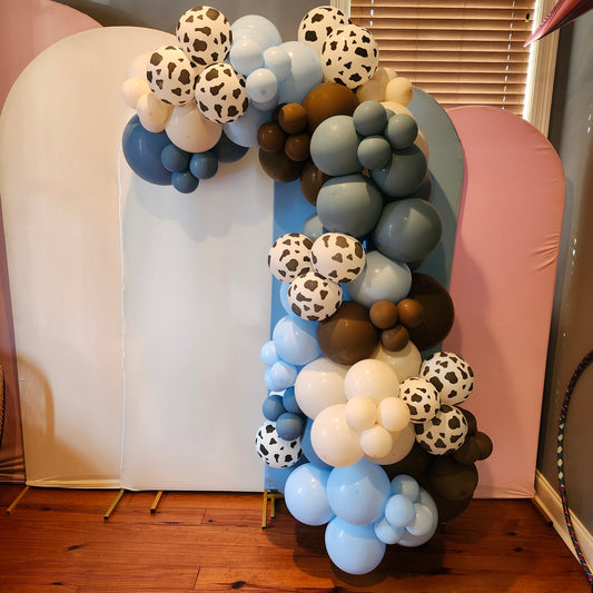 Brown, Blue, Pastel Dusk White, and Cow Print 7ft Half Arch