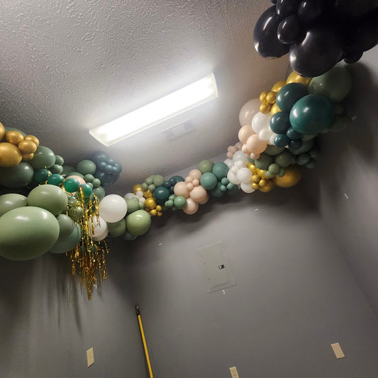 Earthy Greens, Neutrals, and Gold 7ft Half Arch, Accent and Lux Balloon Clouds!